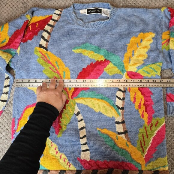 Vintage Christine Foley Art Knit Sweater 80s 90s Palm Tree Oversized Beach - Picture 6 of 10